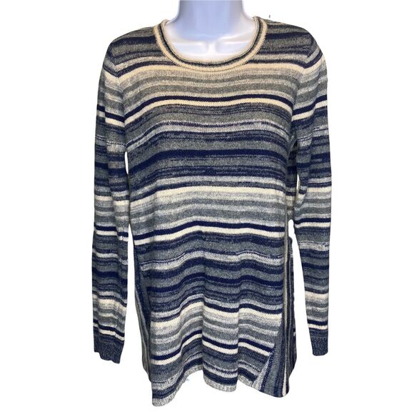 Renuar Women's Size Small Two Piece Sweater Set Blue Striped Layered Acrylic Set - Picture 6 of 10